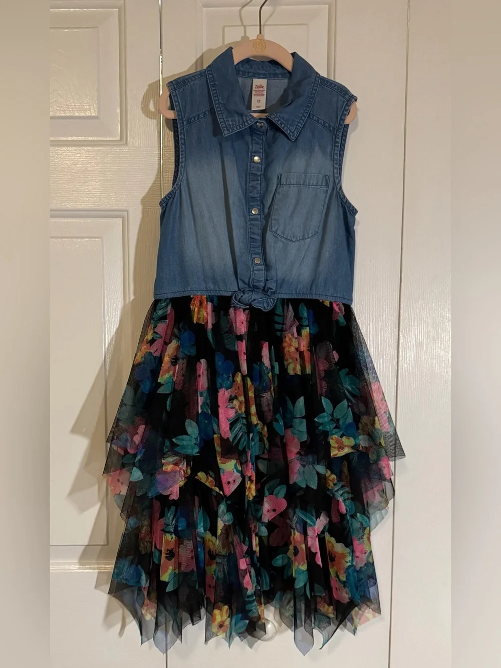 Justice Denim Bodice Floral Tulle Dress - Blue/Black/Pink/Teal/Yellow